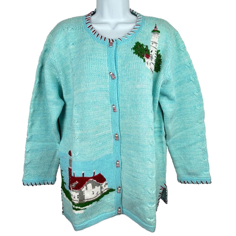 Storybook Knits Christmas Lighthouse Light Blue Cardigan Sweater Size 1X NEW